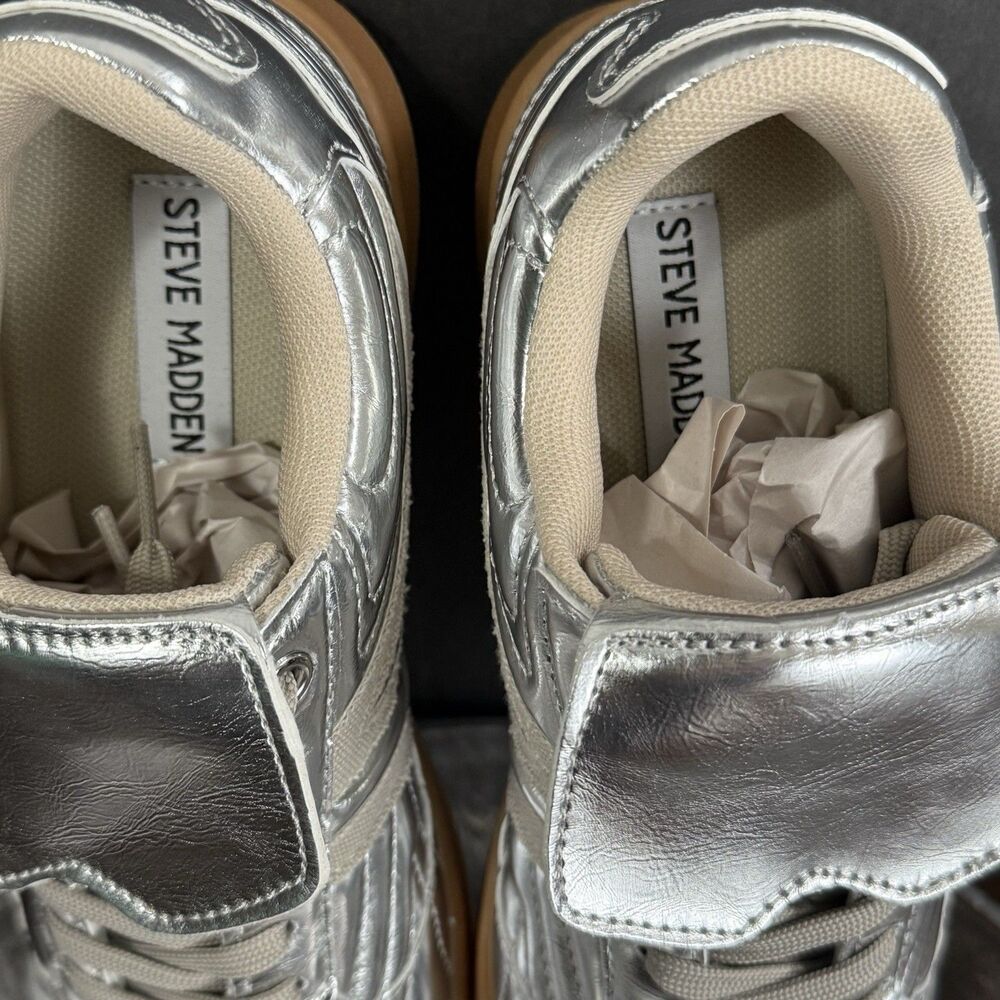 Streatwear Edgy Steve Madden Women Madrid Silver Sneaker Size 6.5 Bujee Glam - Picture 13 of 13